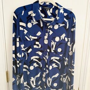 Ralph Lauren Women's Blue and White Abstract Button Down Shirt